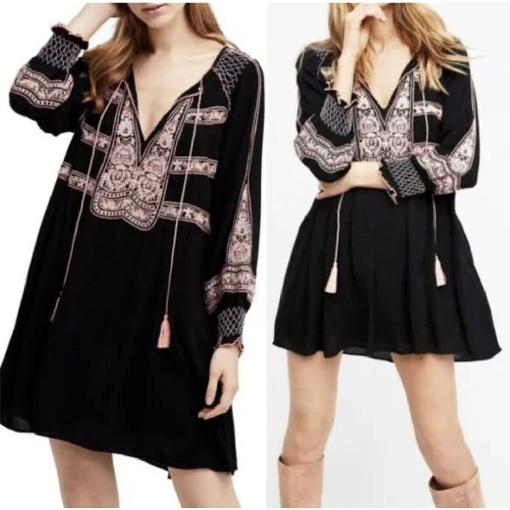 Free People Wind Willow Embroidered Boho V Neck Tassel Mini Dress Black S $128